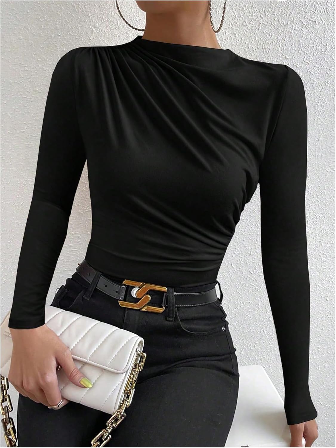 SweatyRocks Women's Ruched Long Sleeve Shirts Mock Neck Fitted T Shirts Basic Tops - Image 3