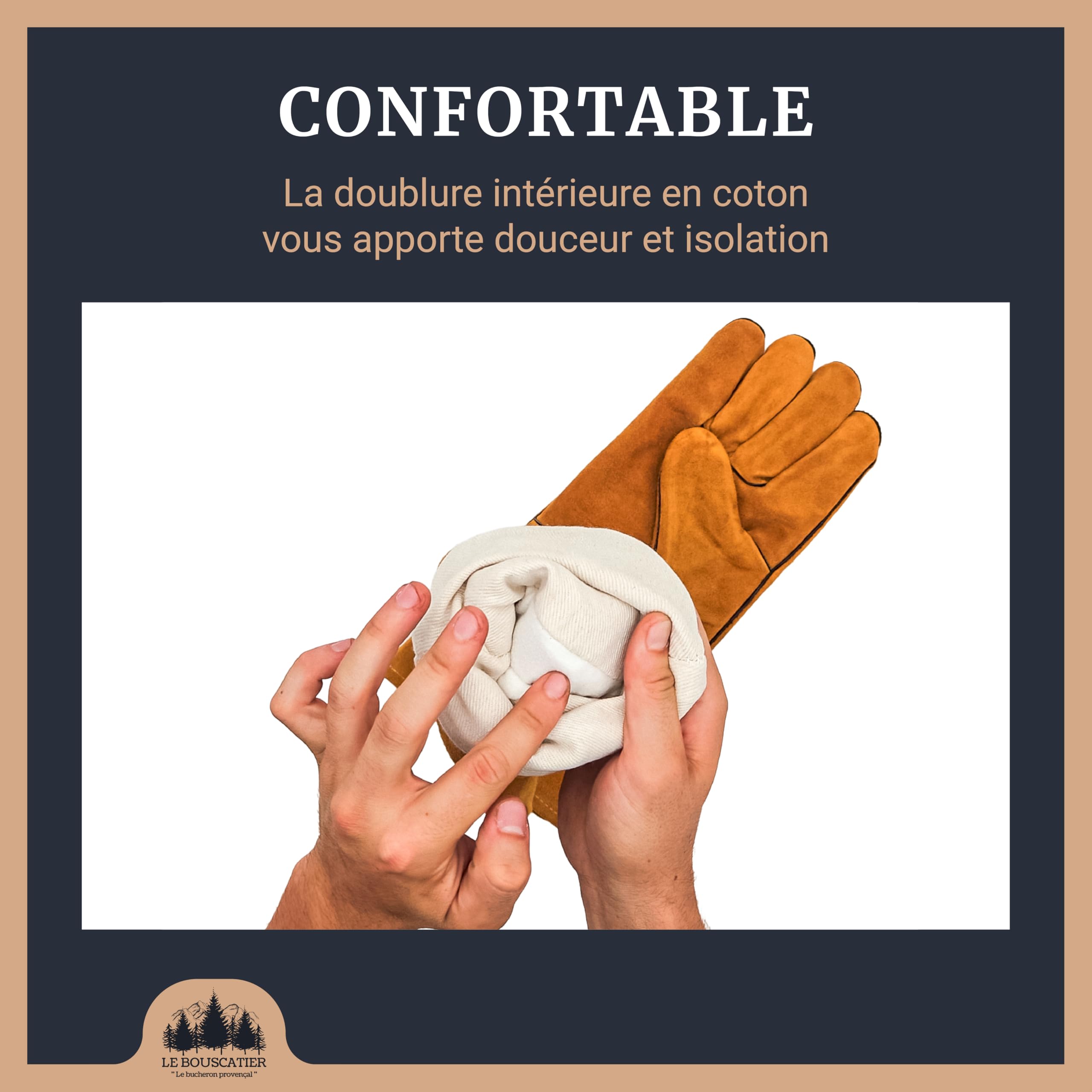 Paire de Gants camel de sécurité anti chaleur en cuir avec doublage intérieur pour poêle à bois, cheminée, barbecue, brasero et soudage. Résistant au feu, la soudure, le four, la cuisine (Camel)