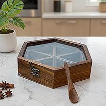 Wooden Hexagon Spice Box Organizer with Fibre Lid, 6 Compartments, Kitchen Storage Container with Wooden Spoon Namak Dani for Kitchen Wood Masala Box Wooden Masala Dabba Dani Container