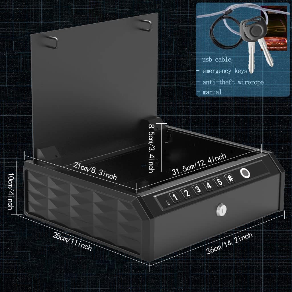 Diagram showing the dimensions of the WASJOYE safe: 14.2 inches wide, 11 inches deep, 3.94 inches high.