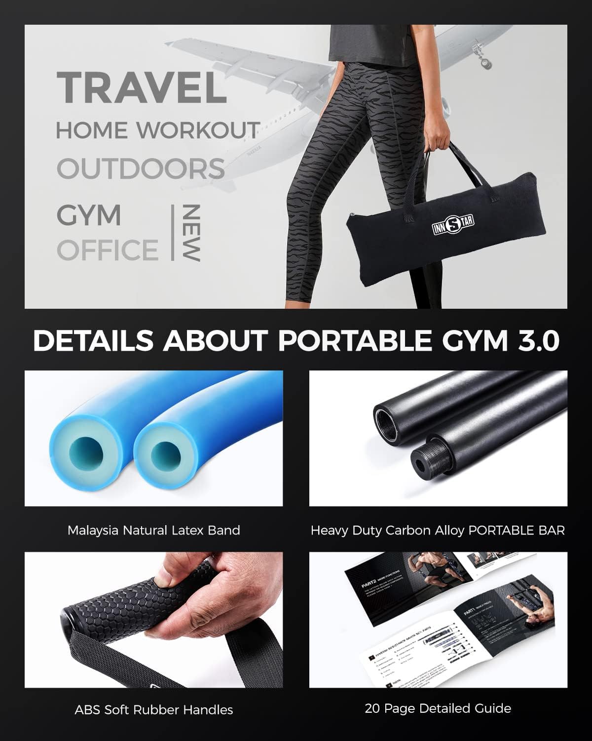 INNSTAR Portable Home Gym, Verstellbares Widerstandsband mit Stange und Kniebeugen-Bändern für Heimtraining, Bankdrücken Brusttrainer Resistance Band Set für Brust, Arm, Beintraining