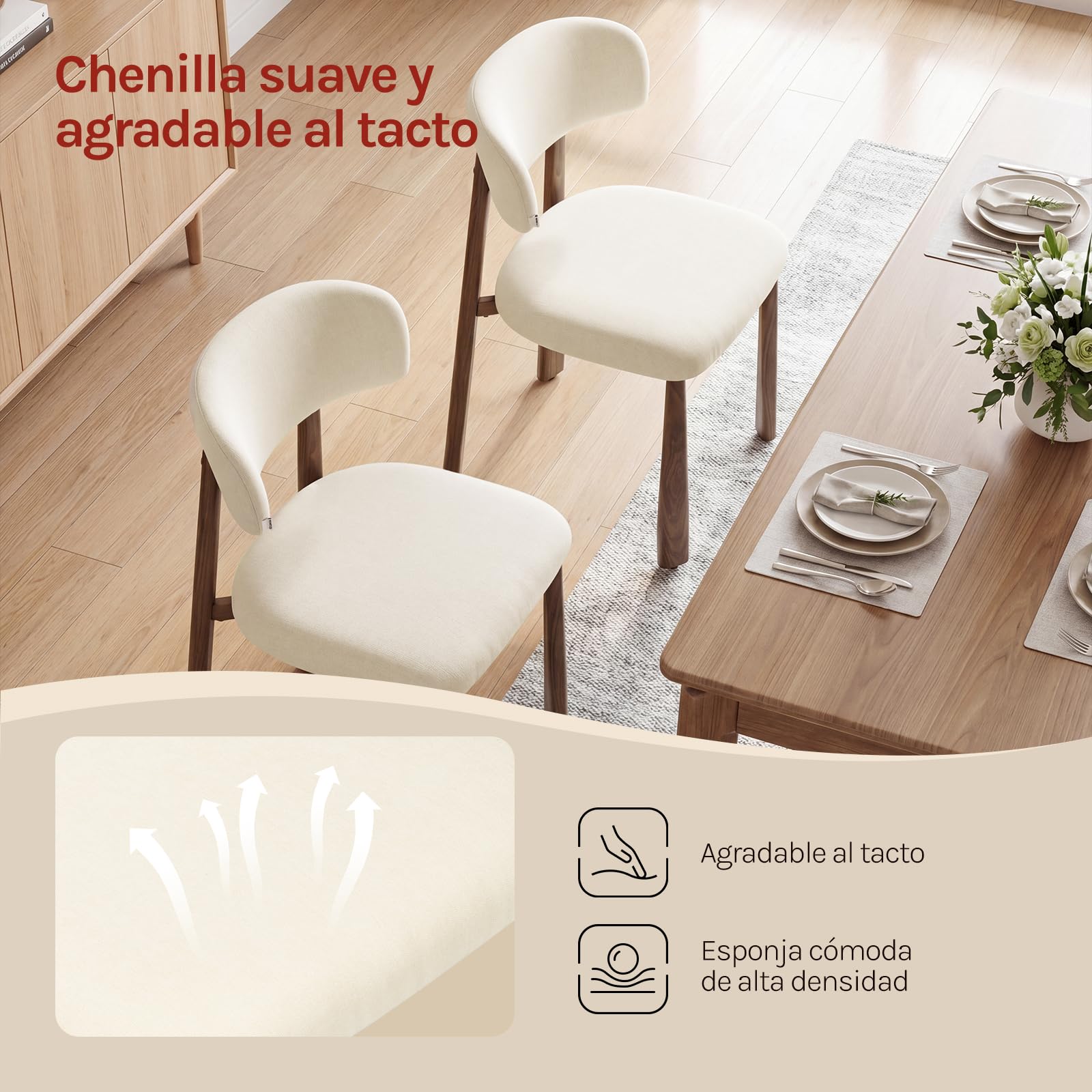 WOLTU Juego de 2 Sillas de Comedor,Chenilla,Crema | Tapizada de Estilo Moderno, Patas Metálicas Imitación Madera para Comedor y Cocina