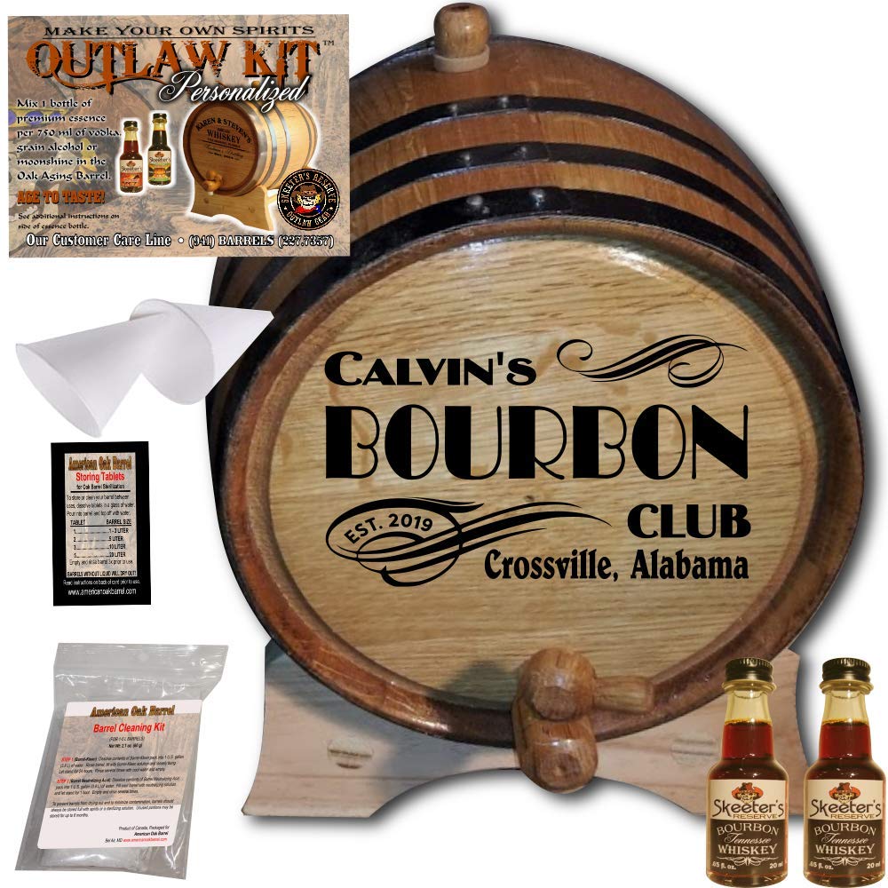 Personalized Whiskey Making Kit (202) - Create Your Own Tennessee Bourbon Whiskey - The Outlaw Kit from Skeeter's Reserve Outlaw Gear - MADE BY American Oak Barrel - (Oak, Black Hoops, 2 Liter)