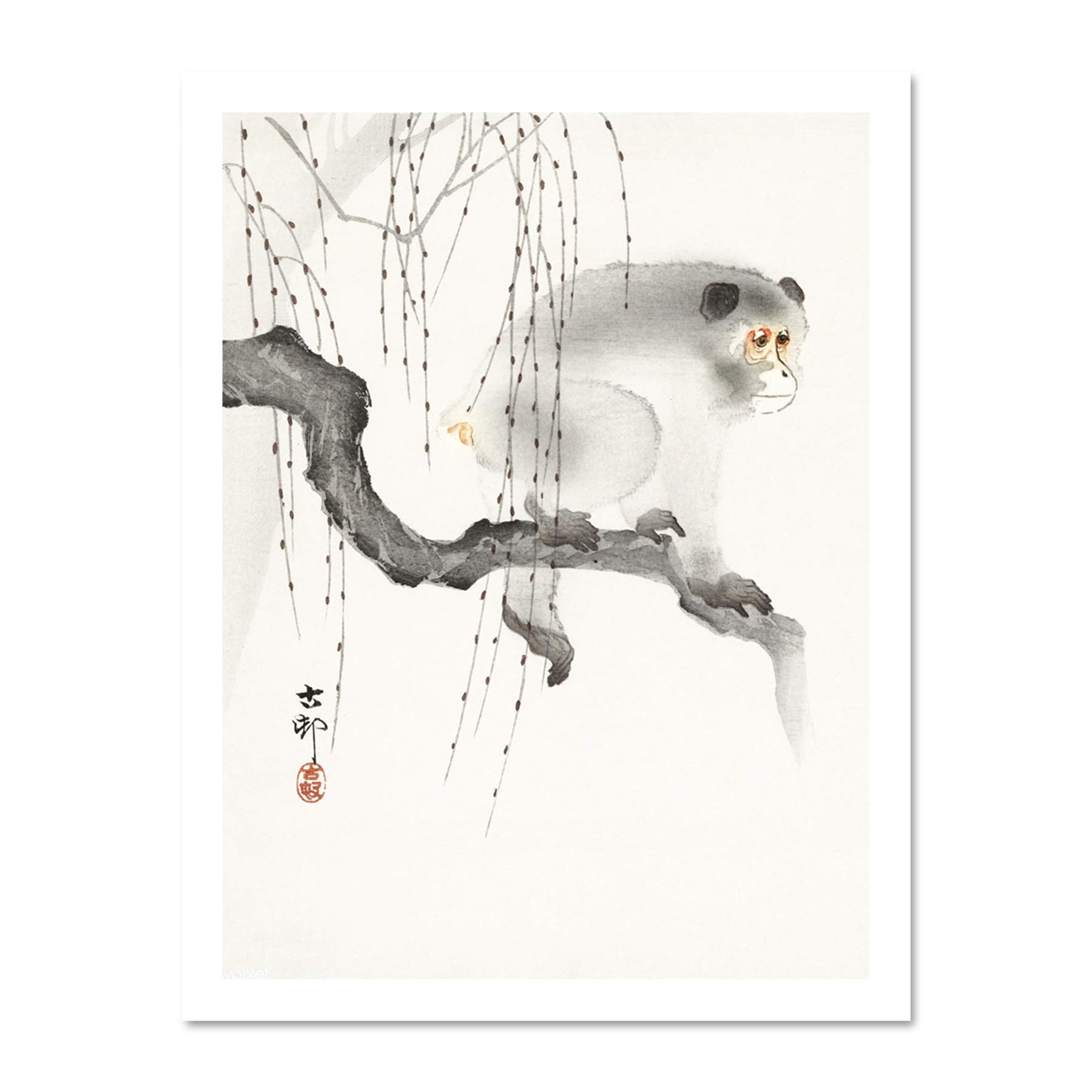 Wee Blue Coo Monkey Tree Branch Ohara Koson Large Framed Art Print Wall Poster 18x24 inch
