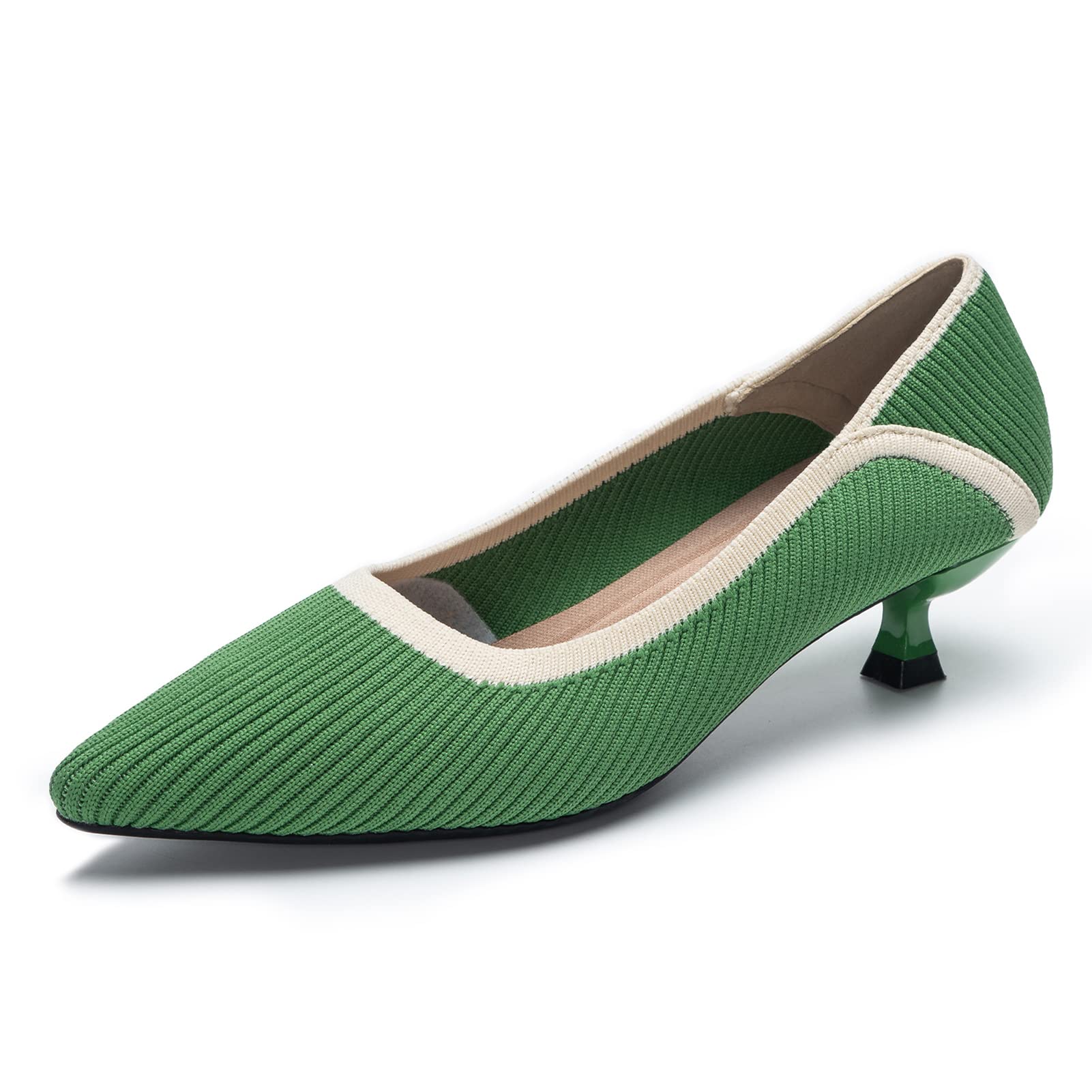 youngshow Women's Pumps Kitten Heels Pointed Toe Knit Slip On Comfortable Casual Formal Dress Shoes