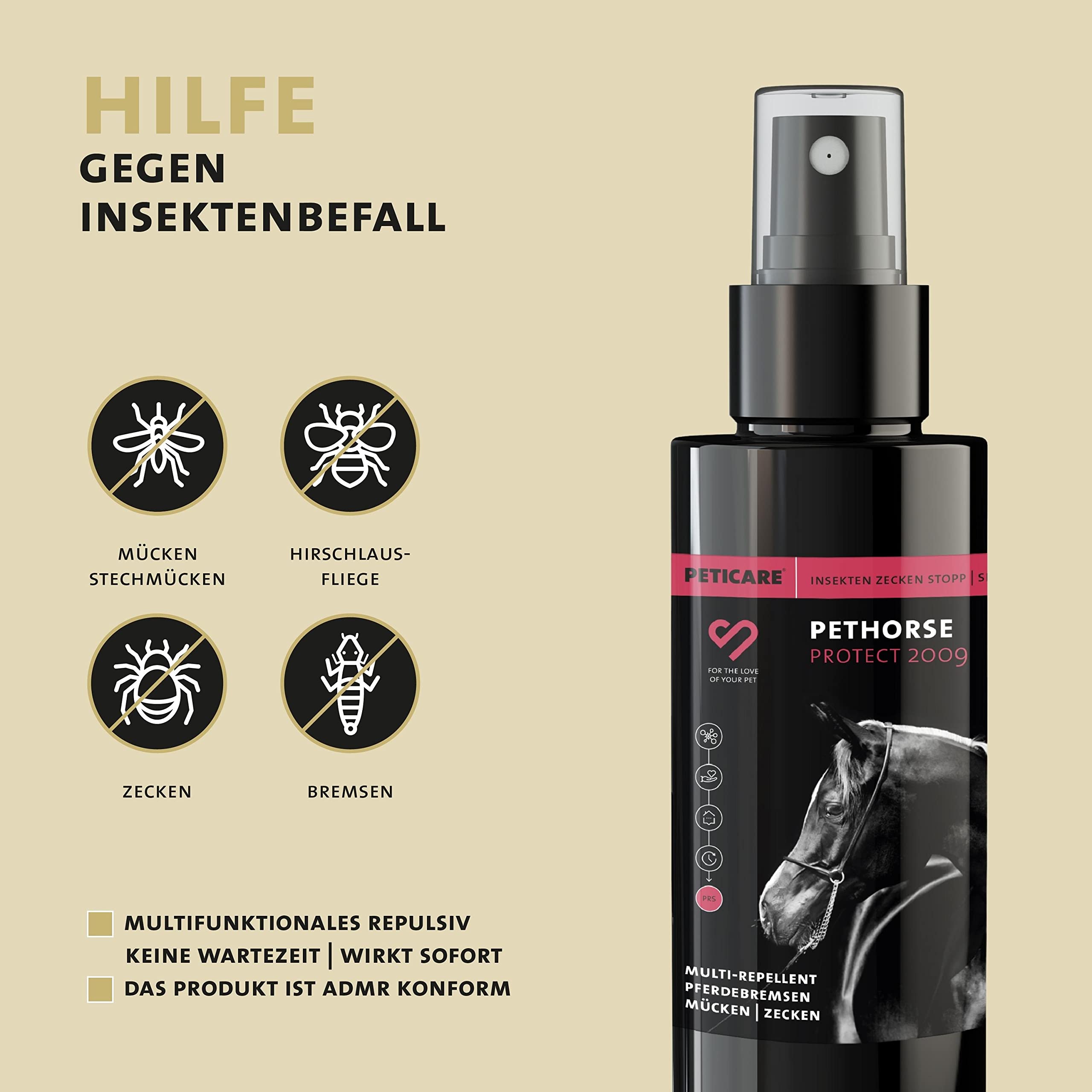Peticare Spray przeciw owadom dla psów, koni - Spray ochronny przeciw gryzącym muchom, gryzącym komarom, muchom końskim, komarom, petAnimal Protect 2009