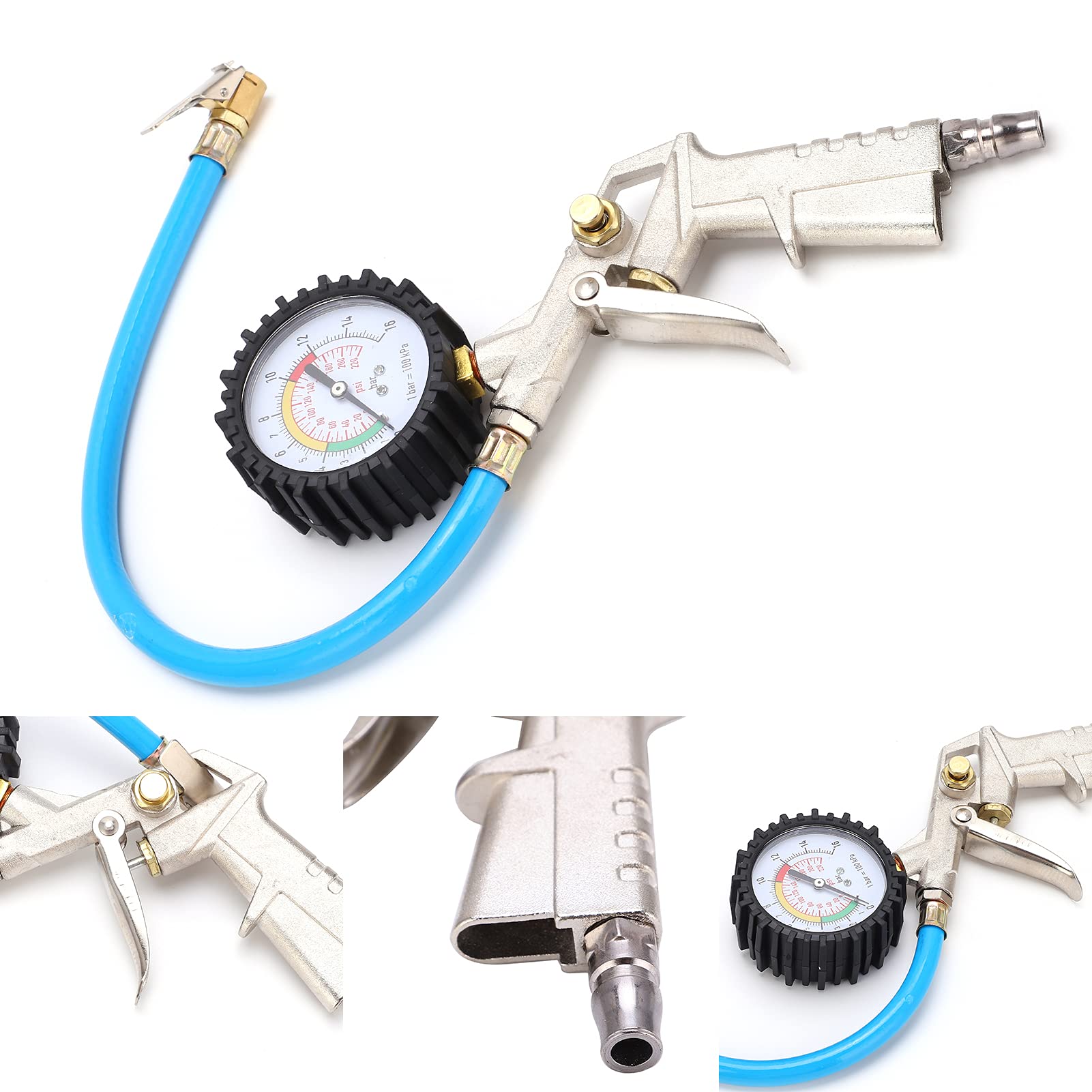 Gonfiatore per pneumatici, manometro per gonfiaggio pneumatici, sgonfiaggio per gonfiaggio pneumatici con manometro 0‑220psi 16bar Mandrino ad aria universale per auto, camion, motocicli, lega di zinc