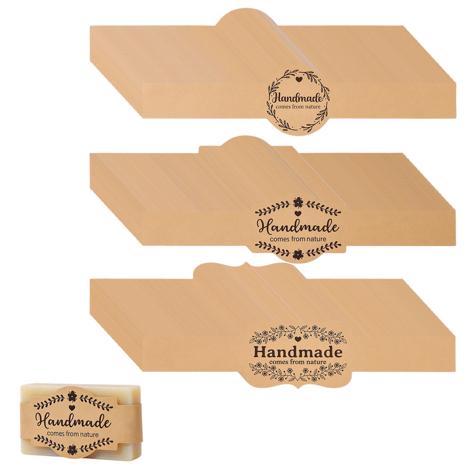 FREEBLOSS 150pcs Handmade Soap Labels 2x8.7 inch Brown Handmade Soap Wrap Tags Kraft Soap Cover 3 Styles Soaps Sleeve for Soaps Making Supplies and Packaging