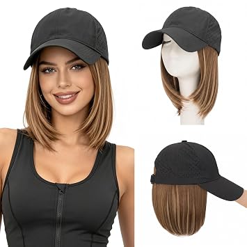 Hat Wig for Women, Wig Cap with Hair Attached,Quick-drying Baseball Wigs Cap for Women,Lightweight,Airy & Adjustable Black Hat with Hair Straight 8" #P10 Light Brown with Caramel Highlights