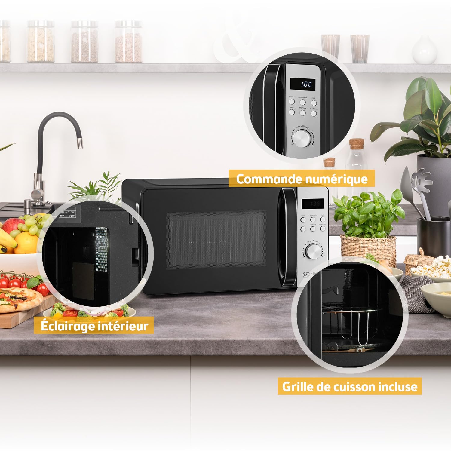 TZS First Austria micro-ondes digital avec grill, 20L, 700W micro-ondes, 800W grill, 8 programmes automatiques, démarrage rapide, écran LED, compact, antidérapant, inox, décongélation, gratinage