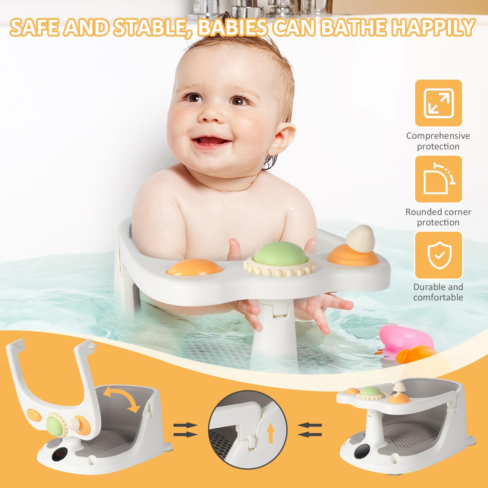 Vinteky Baby Badesitz Badewannensitz Sitzhilfe grau, Ab 6 Monate, Rutschfeste und hoher Sitzkomfort 360° Rundumschutz, mit Activity-Board&Temperaturfühler&4-starken Saugnäpfen