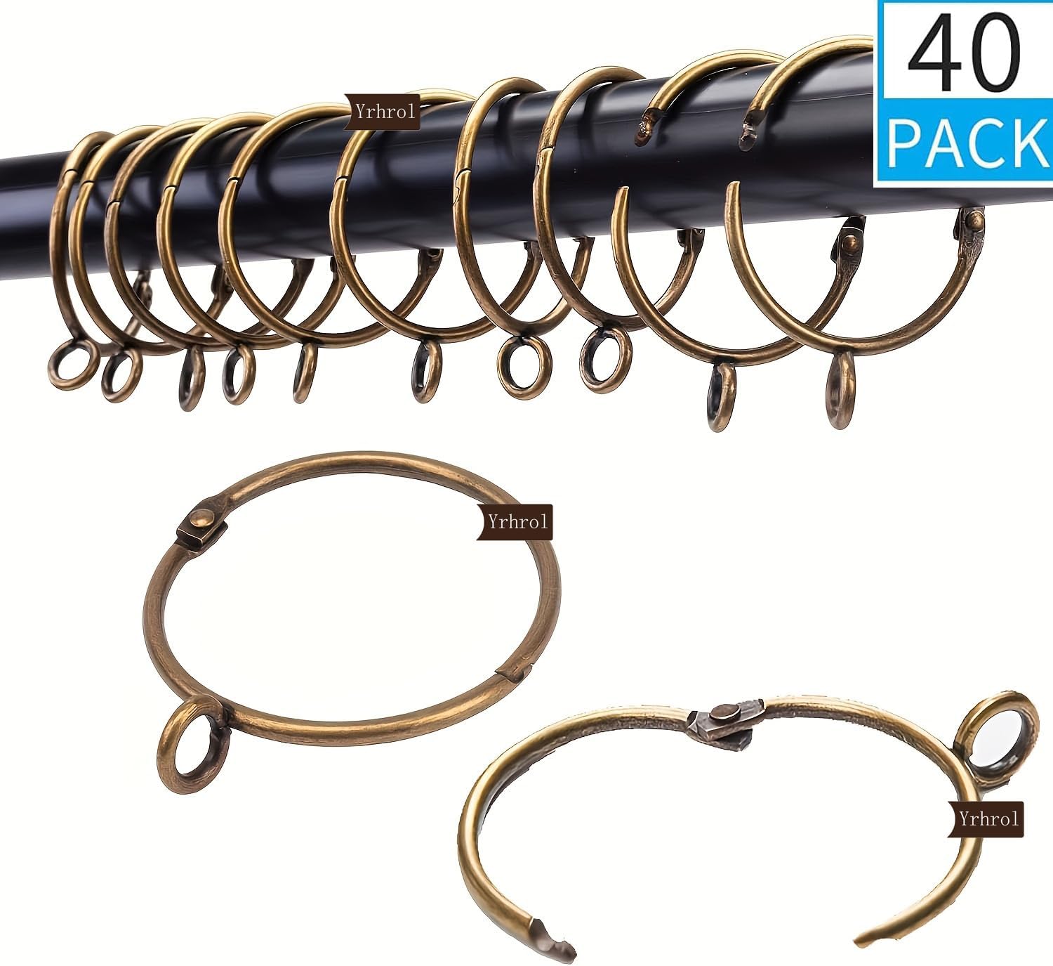 40 Pcs Openable Curtain Rings with Eyelets Antique Brass 1.5Inch Strong Metal Heavy Duty Rustproof Metal Drapery Rings, Curtain Rings for Bathroom, Living and Guest Room