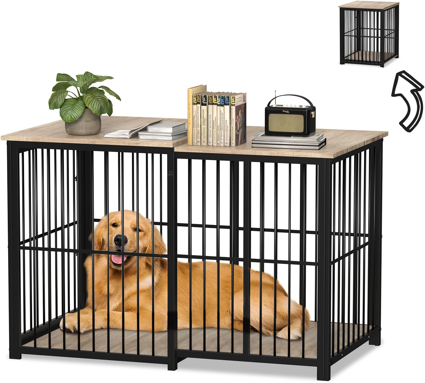 Erinnyees 45.6" Dog Crate Furniture, Wooden Dog Kennel with Retractable Design for Small Medium Large Dogs, Heavy-Duty Side Table Style Indoor Dog Cage with Cushion, 24–45.6 Inch