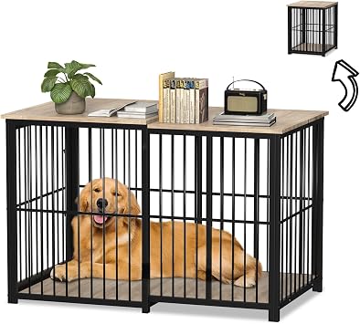 Erinnyees 45.6" Dog Crate Furniture, Wooden Dog Kennel with Retractable Design for Small Medium Large Dogs, Heavy-Duty Side Table Style Indoor Dog Cage with Cushion, 2445.6 Inch