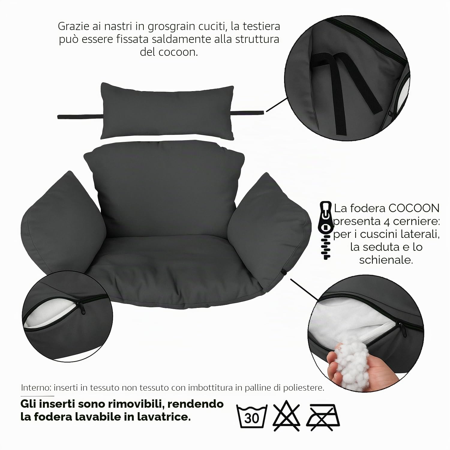 Ferocity Cuscino per Sedia Amaca XXL, Sedia in Rattan Cuscino, Dondolo Sospesa, Cuscino per Sedia con Cuscino per la Testa di, Rivestimento Rimovibile, con Lacci attaccati, Flax [114]
