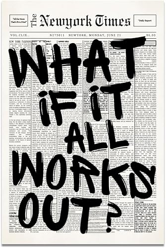Miniatura 1 de What If It All Works Out - Póster motivacional de periódico retro en blanco y negro, cita de afirmación positiva, impresión minimalista en lienzo