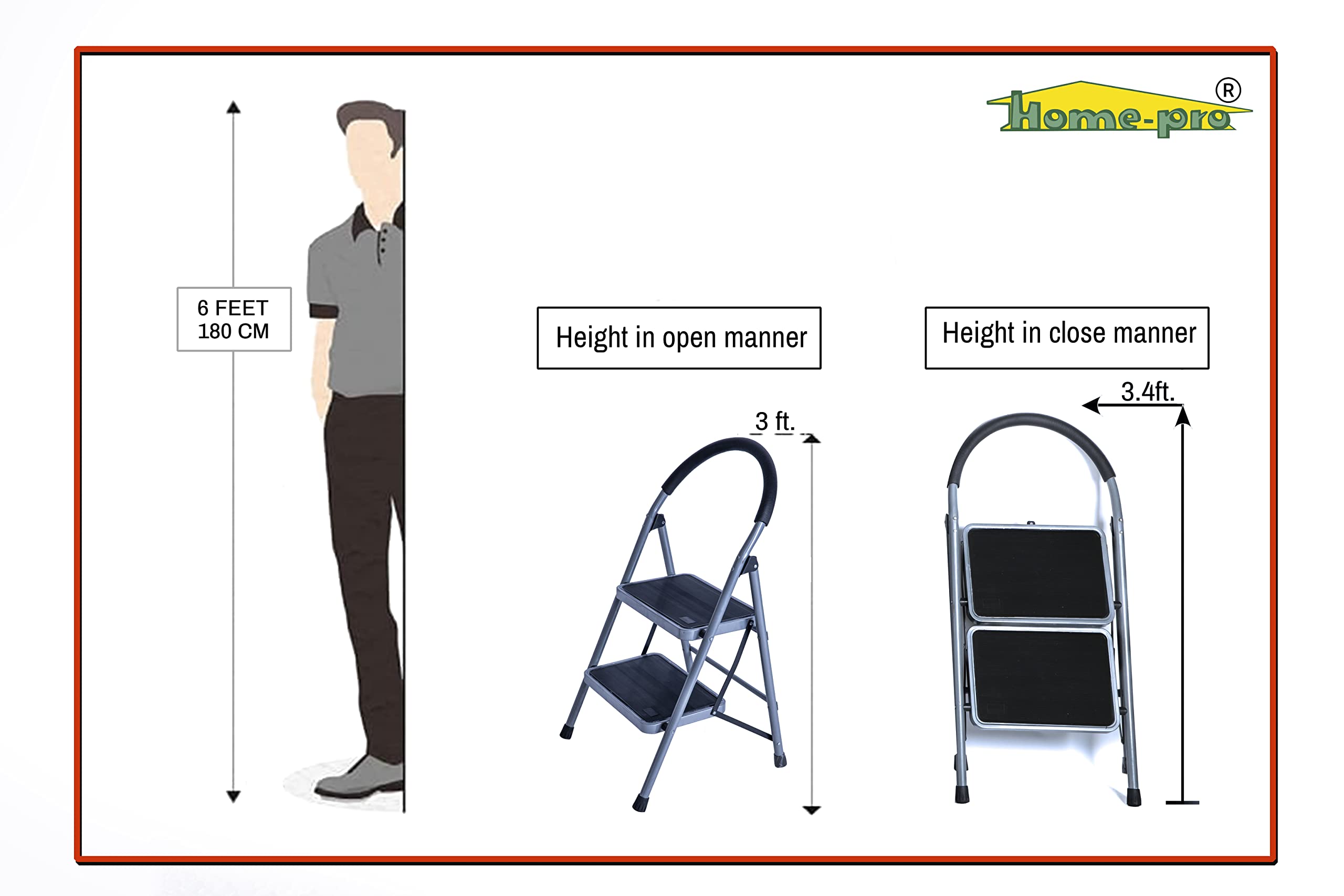 Home-pro Premium 2 Steps Foldable Heavy Duty Maximum Strength mild Steel Ladder with Anti Skid Wide Steps and 150kg Weight Capacity Grey 3