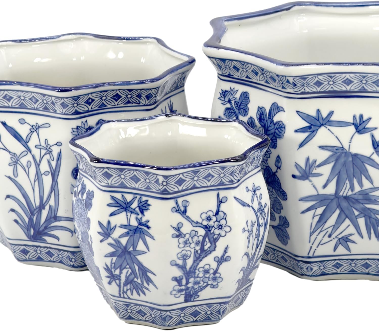 Galt International Blue & White Round Fluted Floral Palm Lotus Porcelain Ceramic Plant Flower Planter Pot Set of 3 (7.5", 10", 13") Garden Pots Chinese Asian Design