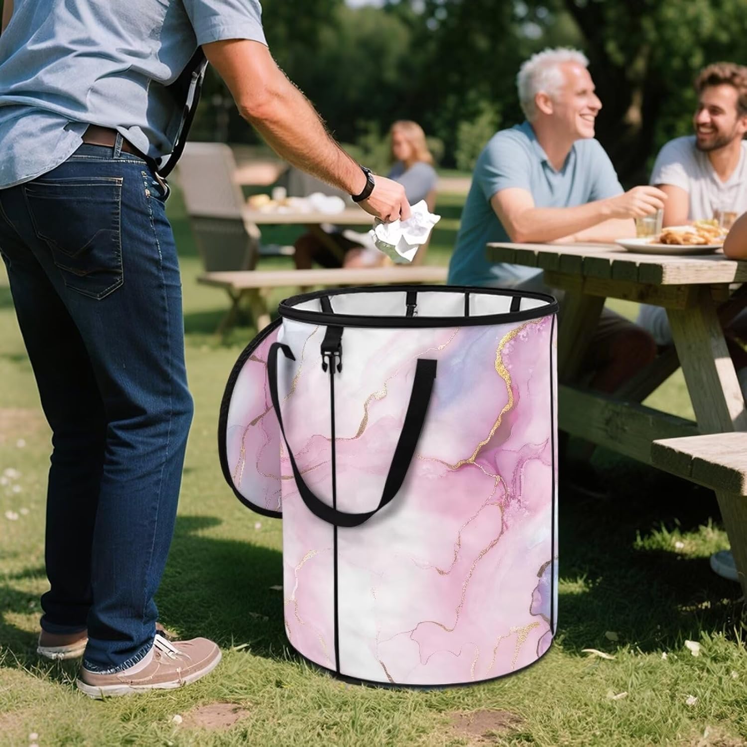 Pink Marble Bathroom Trash Can with Lid Fashion Foldable Trash Cans for Camping 20 Gallon Outdoor Garbage Cans for Patio Waterproof