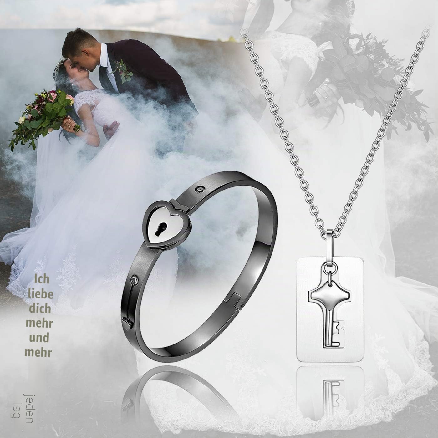 Flongo Pärchen Schloss Schlüssel Schmuckset: Silber Paare Armband Halskette Set Damen Kette mit Herz Flügel gold Zirkonia Herren Cuban Lock Armkette Edelstahl Geschenk Partner Weihnachten Valentinstag