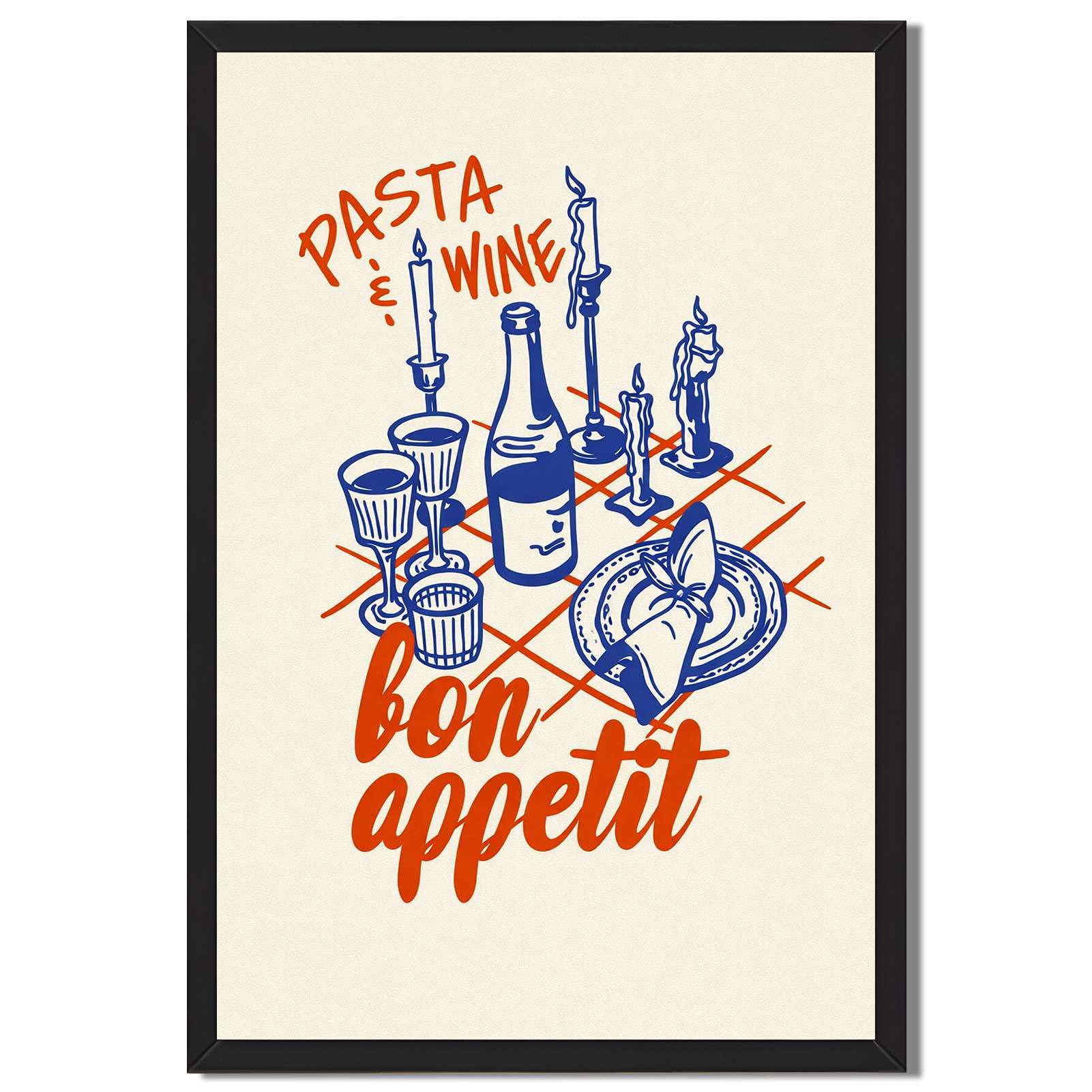 - Framed Pasta and Wine Bon Appetit Poster Canvas Print Art with Vintage Style for Kitchen and Dining Room Home Decor Exquisite Wall Art Paintings and Pictures Trendy Wall Decor. (Black framed,12L"X16W")