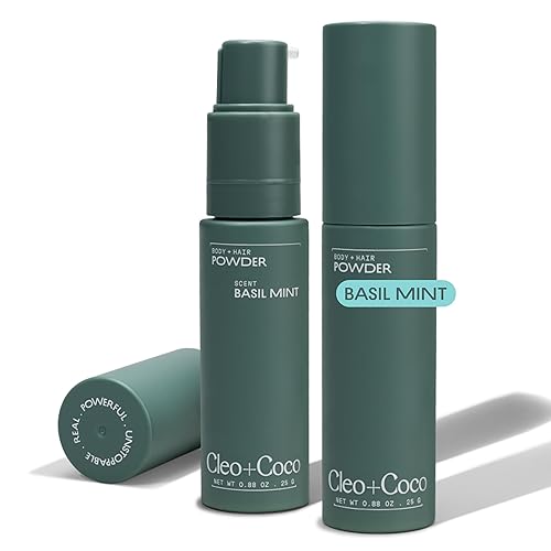 Cleo + Coco - Desodorante en polvo para cuerpo y cabello, menta de albahaca (0.88 onzas cada una), 2 botellas, polvo deshidratante 2 en 1 y champú