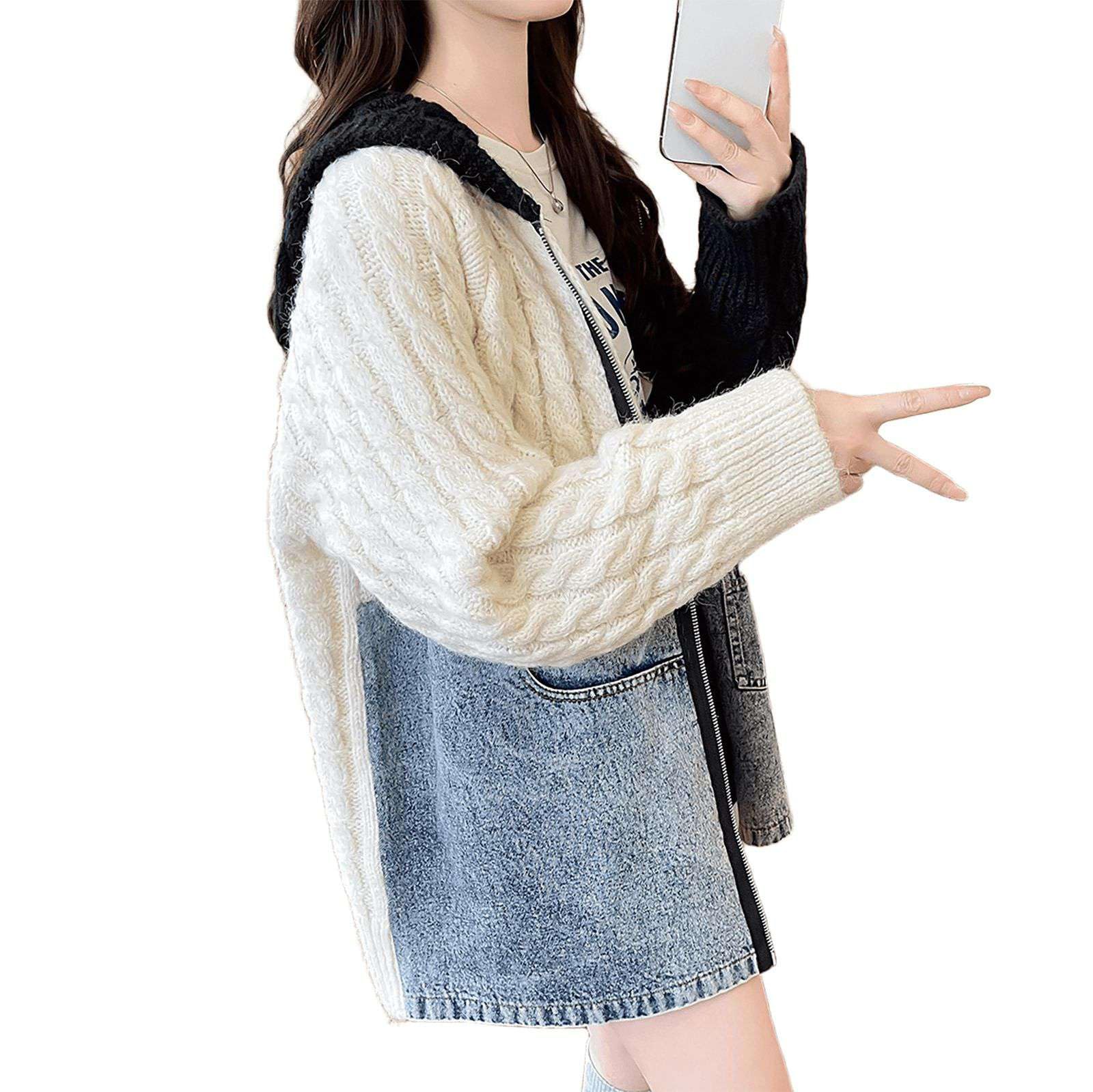 Womens Hooded Cable Knit Sweater Jacket Denim Patchwork Colorblock Boho Casual Fall Winter Long Sleeve Coat