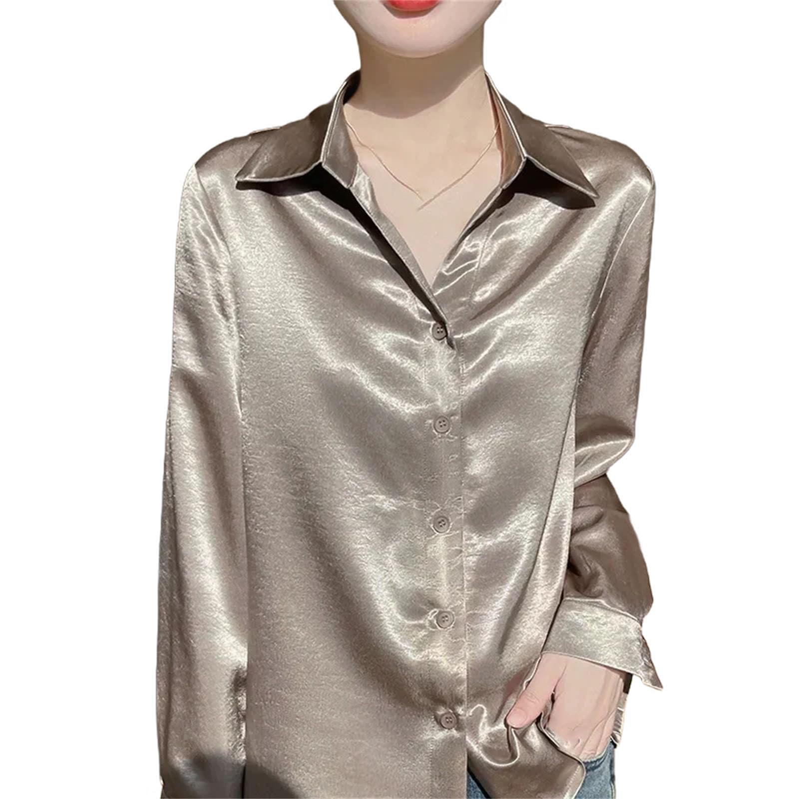 Camicetta da donna in acetato satinato con scollo a V, a maniche lunghe, liscia e setosa, per ufficio professionale