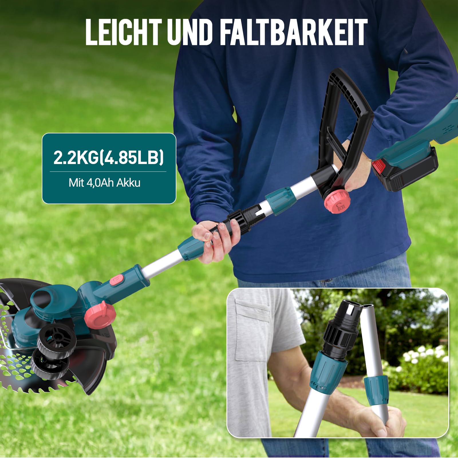 Akku Rasentrimmer mit Akku und Ladegerät, 21V Rasentrimmer für Makita Akku, Freischneider Akku - Inkl. 2 X 4.0Ah Batterie, Rasentrimmer mit Unkrautbürste, 90° Schwenkbarer Kopf, für Garten (Blau)