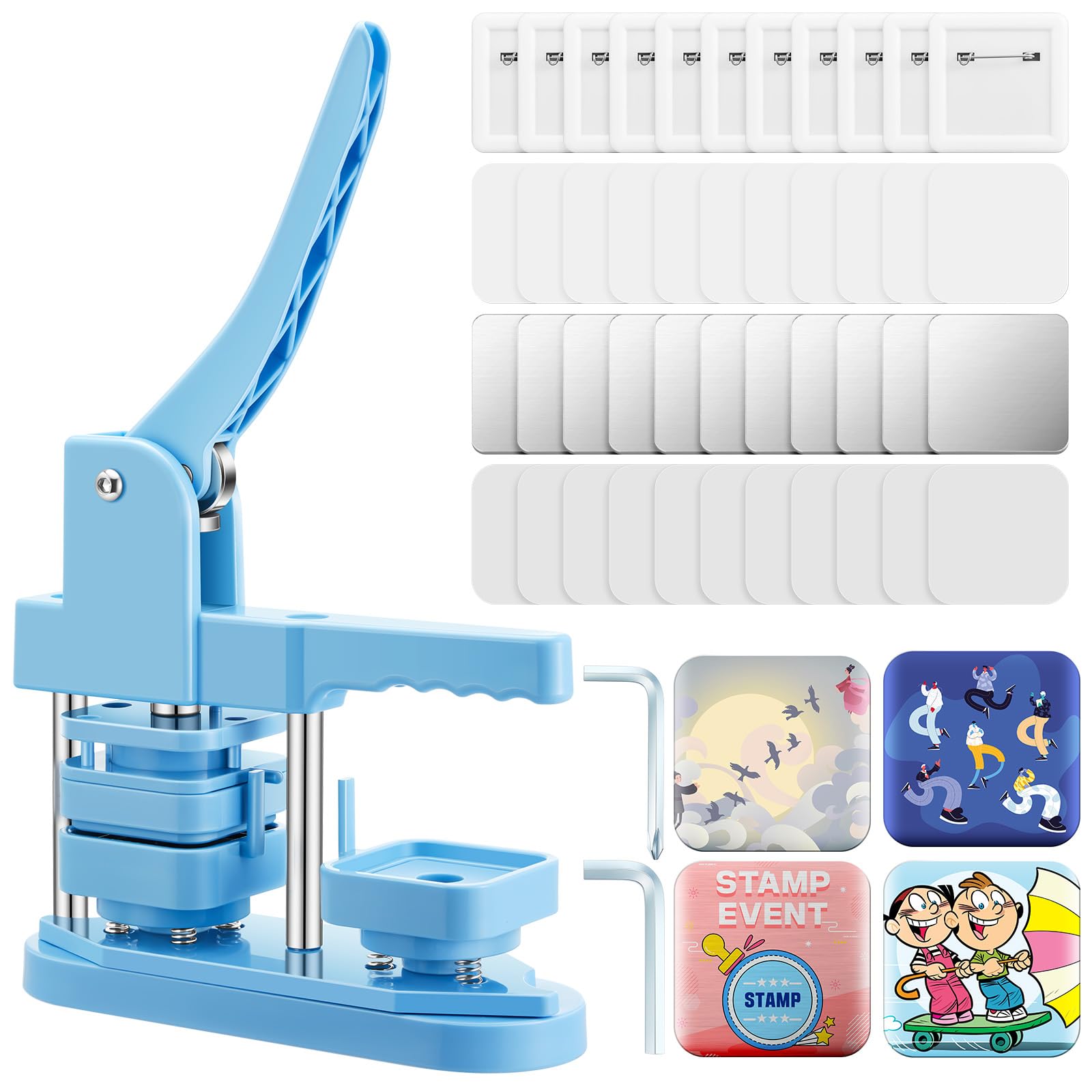 Square Button Maker Machine with 100 Set Square Button Making Supplies, 2'' x 2'' Pin Press Machine Kit for DIY Craft Gifts Hand Press Pin Badge