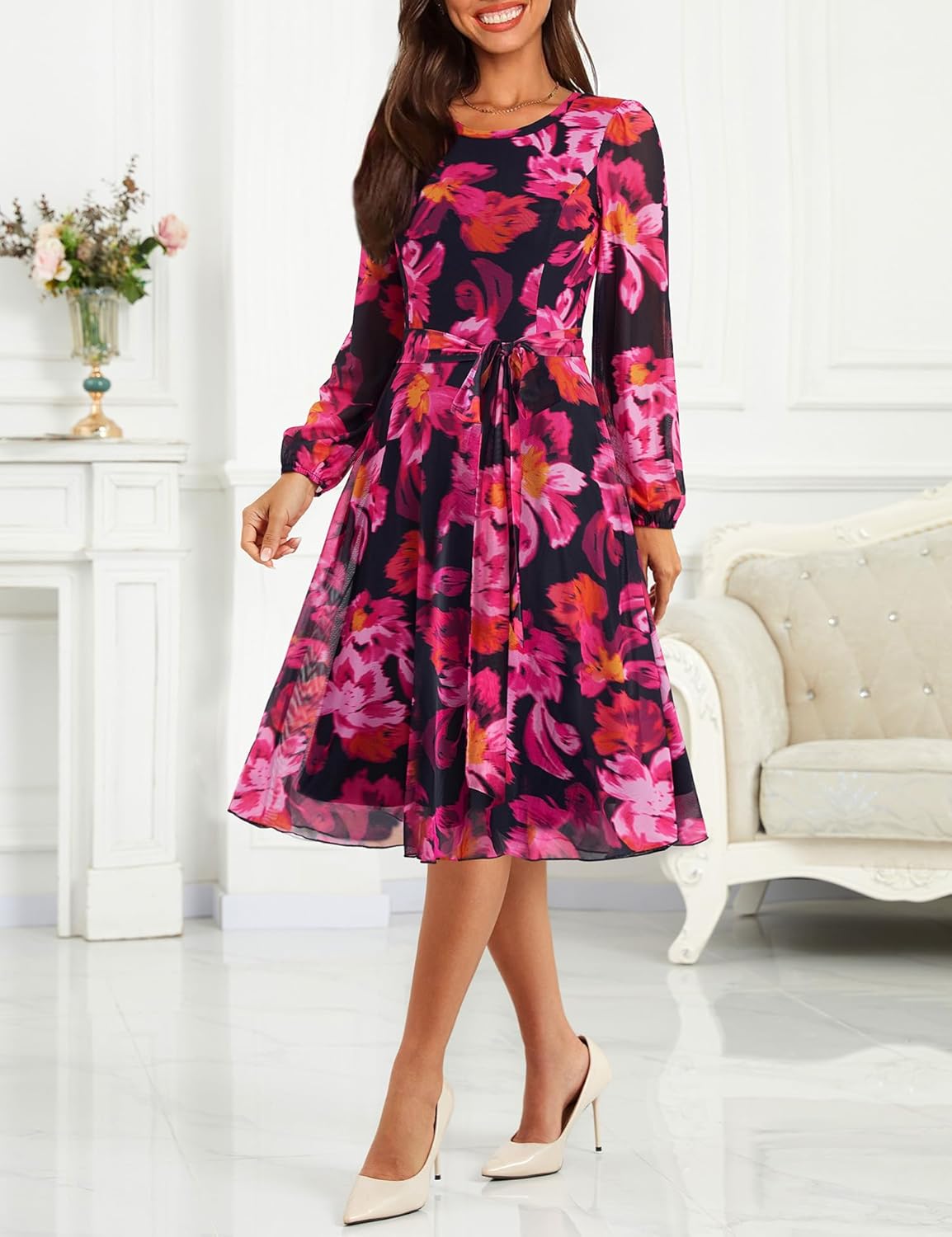 Zattcas Women's 2026 Spring Mesh Long Sleeve Floral Midi Dress Crew Neck A Line Flowy Cocktail Party Wedding Guest Dress - Image 2