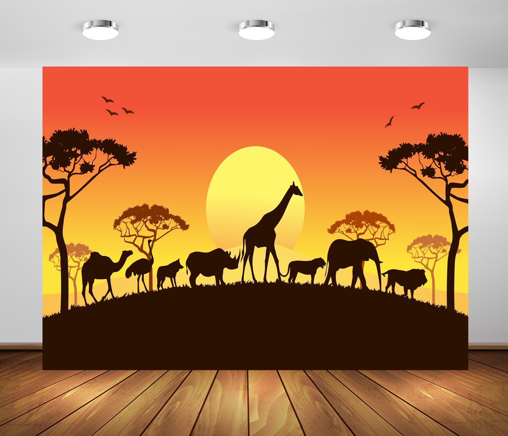 BELECO 3.6x3m Sfondo in tessuto Safari africano | Silhouette animali selvatici africani leone elefante giraffa tramonto sfondo safari decorazione festa foto