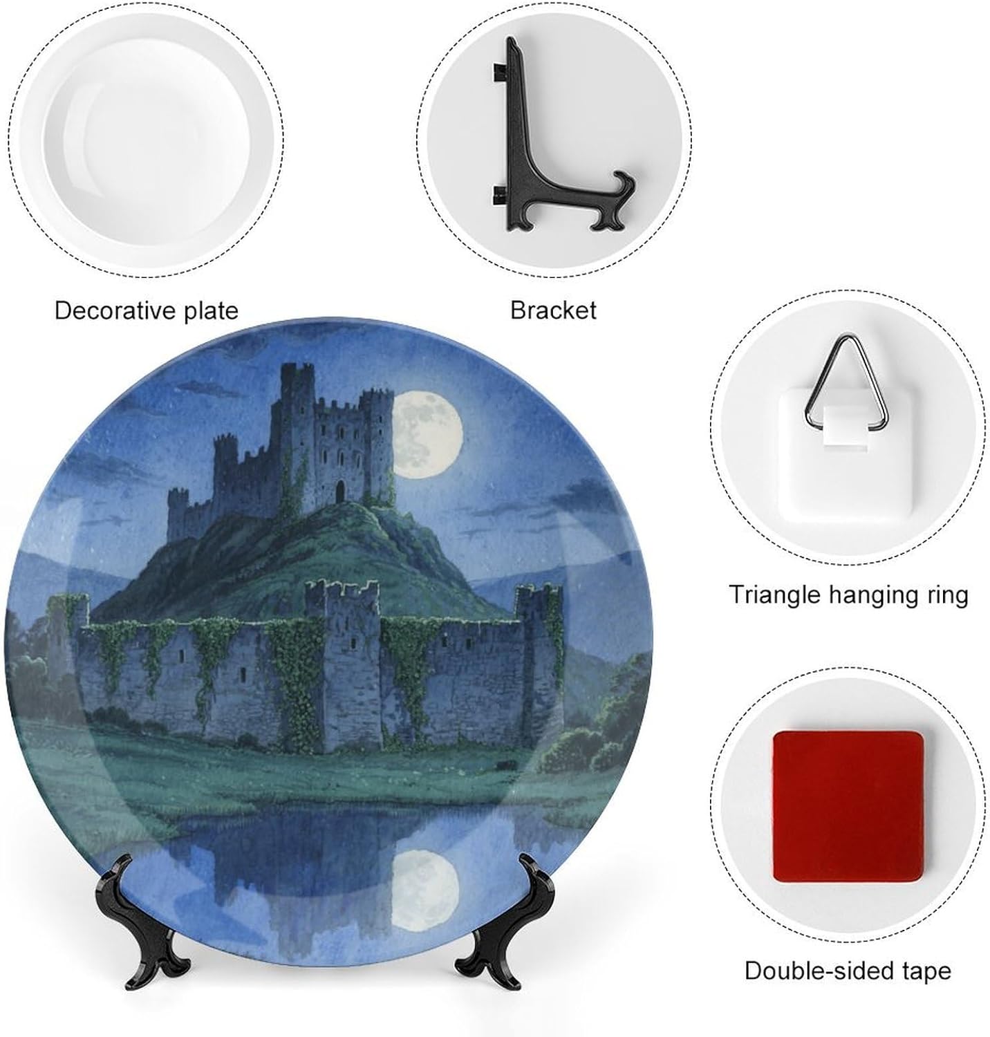 Bone China Decorative Plates Moonlit Castle Ceramic Decorative Plate Wall Decor with Display Stand Ceramic Ornaments for Wall Hanging Decoration