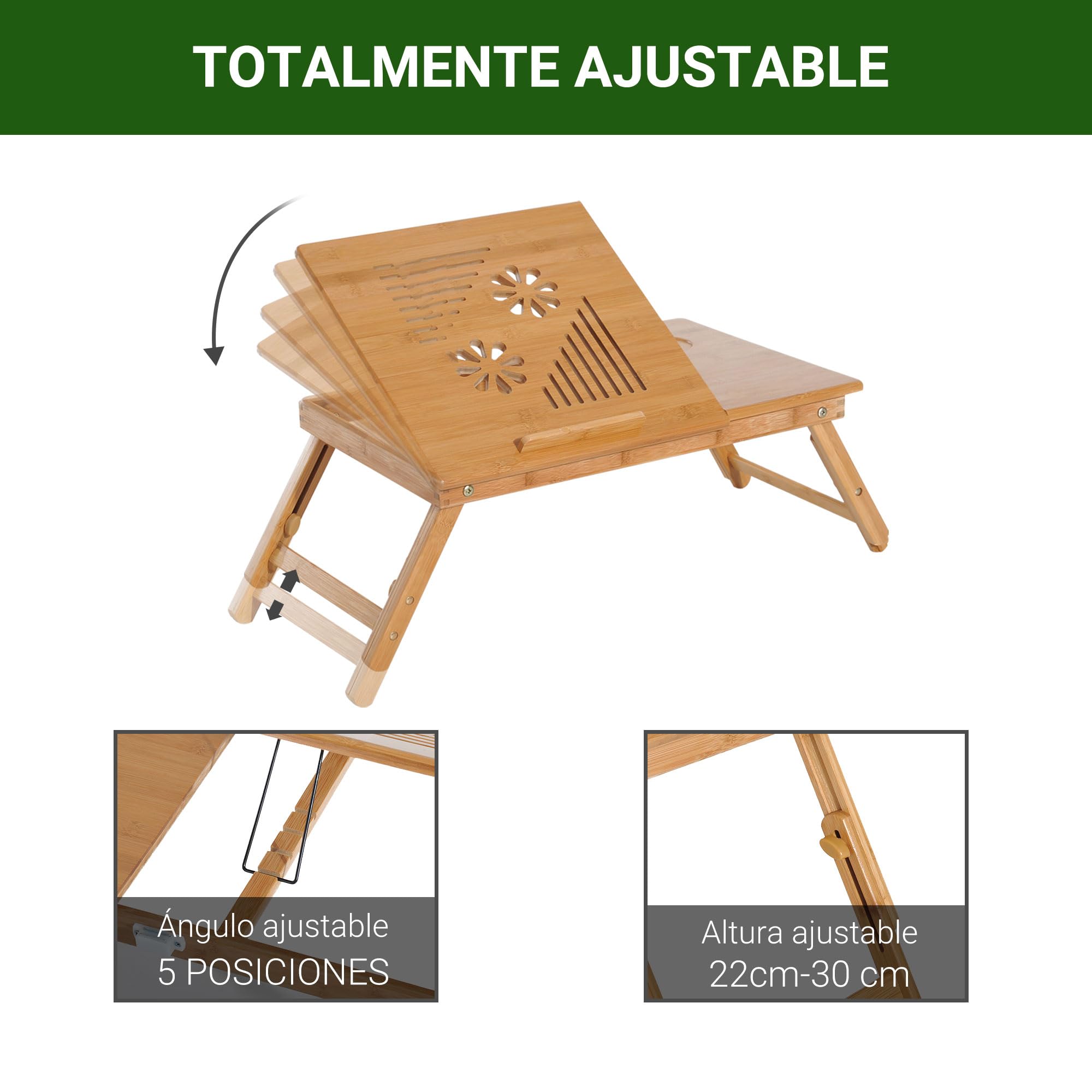 HOMCOM Mesa Plegable de Bambú, Mesa de Ordenador Portátil, para Cama y Sofá, Altura Ajustable, Cajón, Patas Plegables, para Leer, Escribir, Comer, Trabajar, Natural