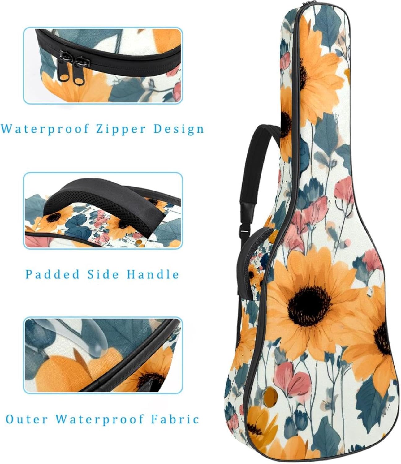 40 41 42 Inch Guitar Bags, Waterproof Padded Acoustic Guitar Case Backpack with Adjustable Shoulder Strap & Pockets, Cute Watercolor Sunflowers Seamless Pattern