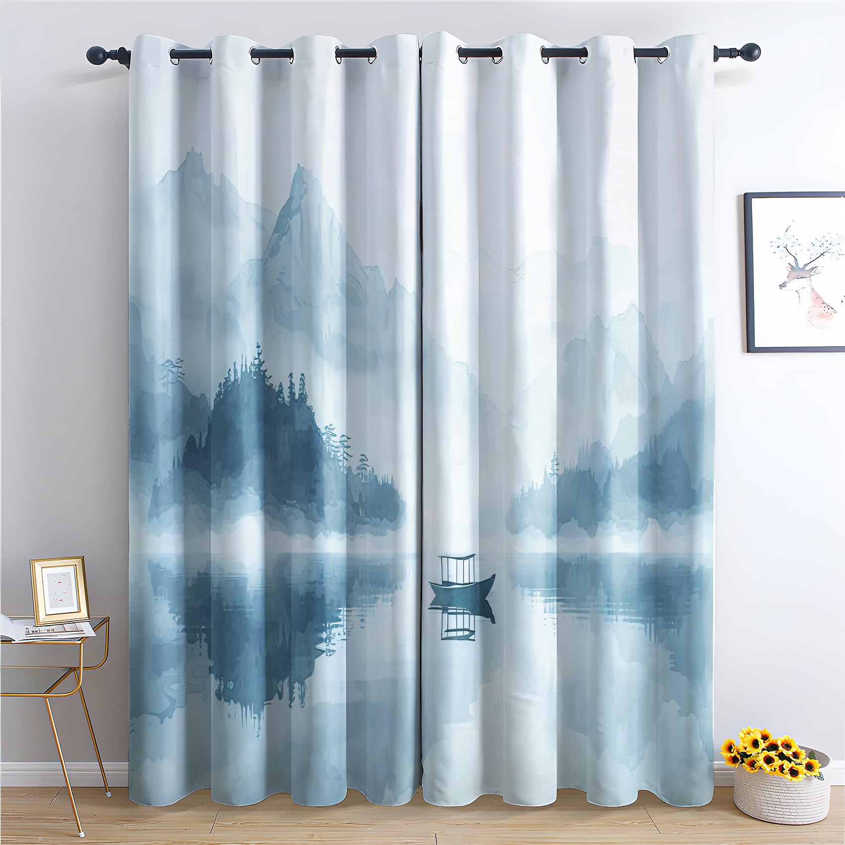 Japanese Landscape Blackout Curtains, Oriental Chinese Asian Bedroom Curtains & Living Room Curtains 66x72 Inch 2 Panels Set, Thermal Eyelet Drapes Decorative Patterned Window Treatments 72 Drop
