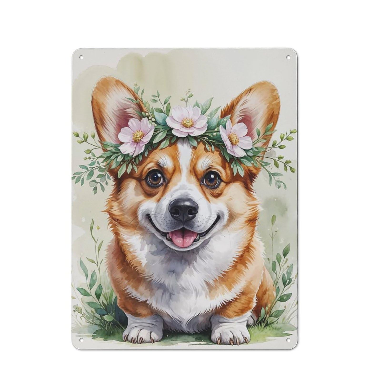 Country Cute Corgi with Flower Crown Watercolor Farmhouse Metal Sign 40x30cm, Farmhouse Wall Decor for Dining Room, Cafe, Entryway Or Family Room