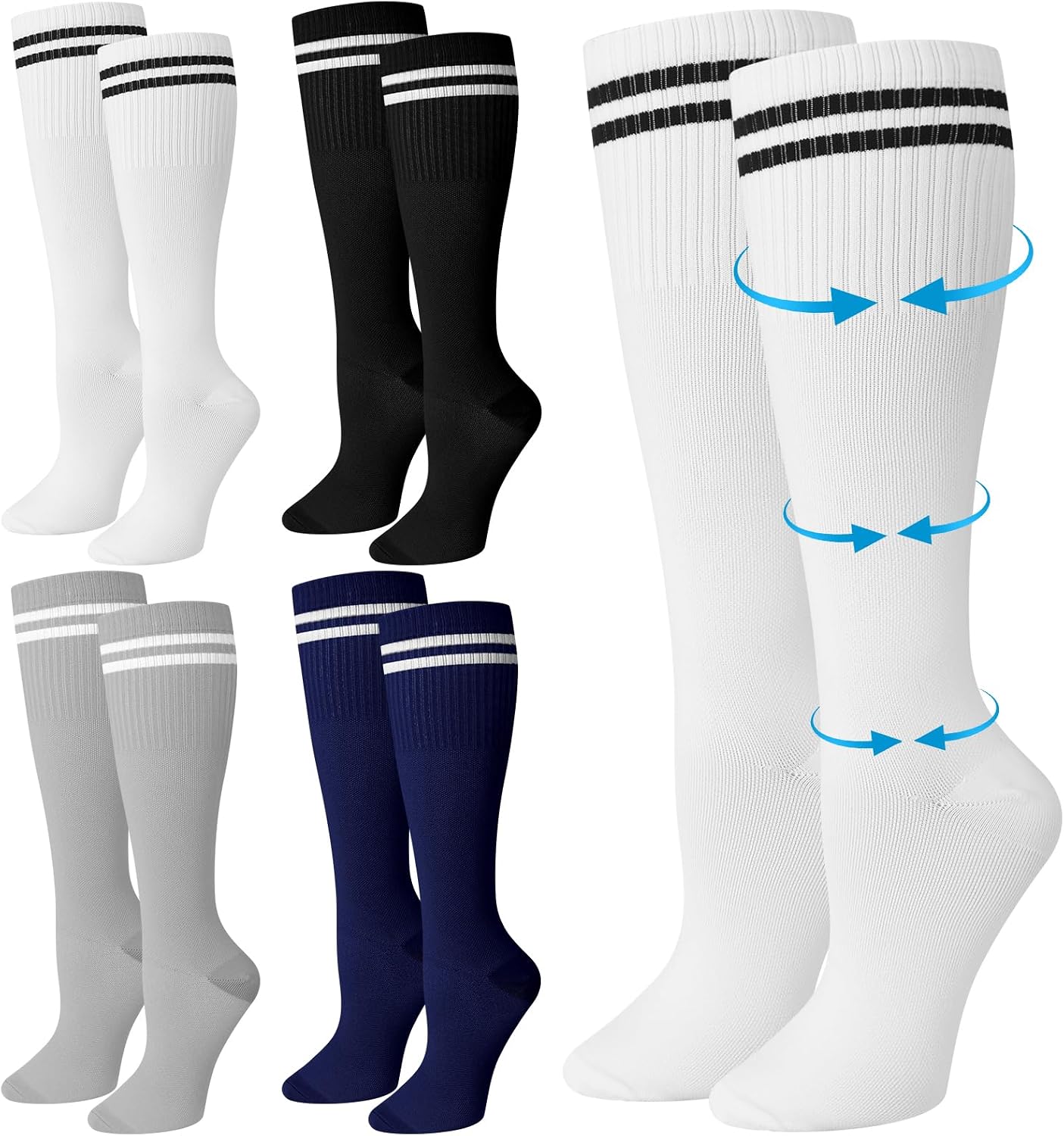 Chuarry 4 Pairs Compression Striped Socks for Women Men 15-20 Mmhg Athletic Knee High Stockings with Retro Colorful Stripes