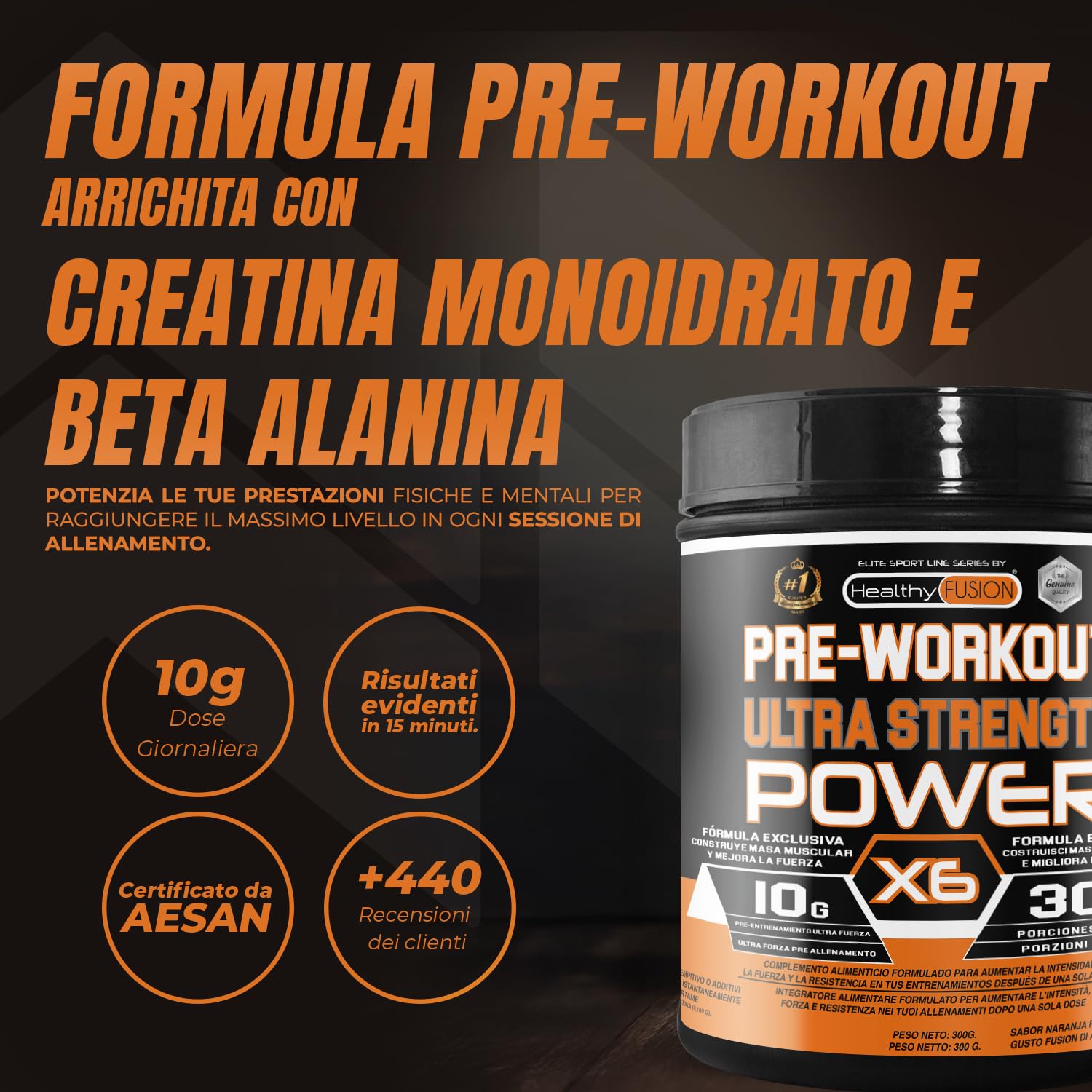 Pre-Workout bevanda energetica | con Creatina | Resistenza, energia e forza inarrestabile | Elimina la fatica e la stanchezza | Beta-Alanina, Taurina, Caffeina e Vitamine | 300g Arancia