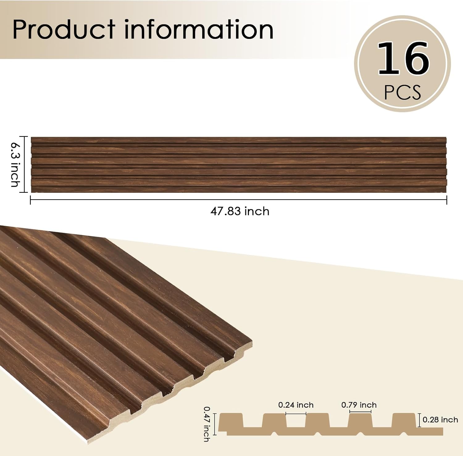 16-Pack 3D Slat Wall Panels, Easy-Install Soundproof Faux Wood Wall Panels, Modern Interior Décor for Living Room, Bedroom, Office, Walnut Finish, 48.2" x 6.3" 16-Pack Walnut