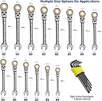 Vista 3 de 23-Piece Flex-Head Ratcheting Combination Wrench Set-Includes 14PCS Metric 8-24mm Ratchet Combination Wrenches Set,9PCS Allen Wrenches-72-Teeth,Cr-V