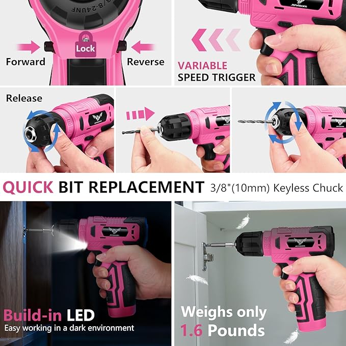 Juego de Herramientas JENABOM - Taladro Inalámbrico 8V, 127 Piezas, Color Rosa miniatura 6