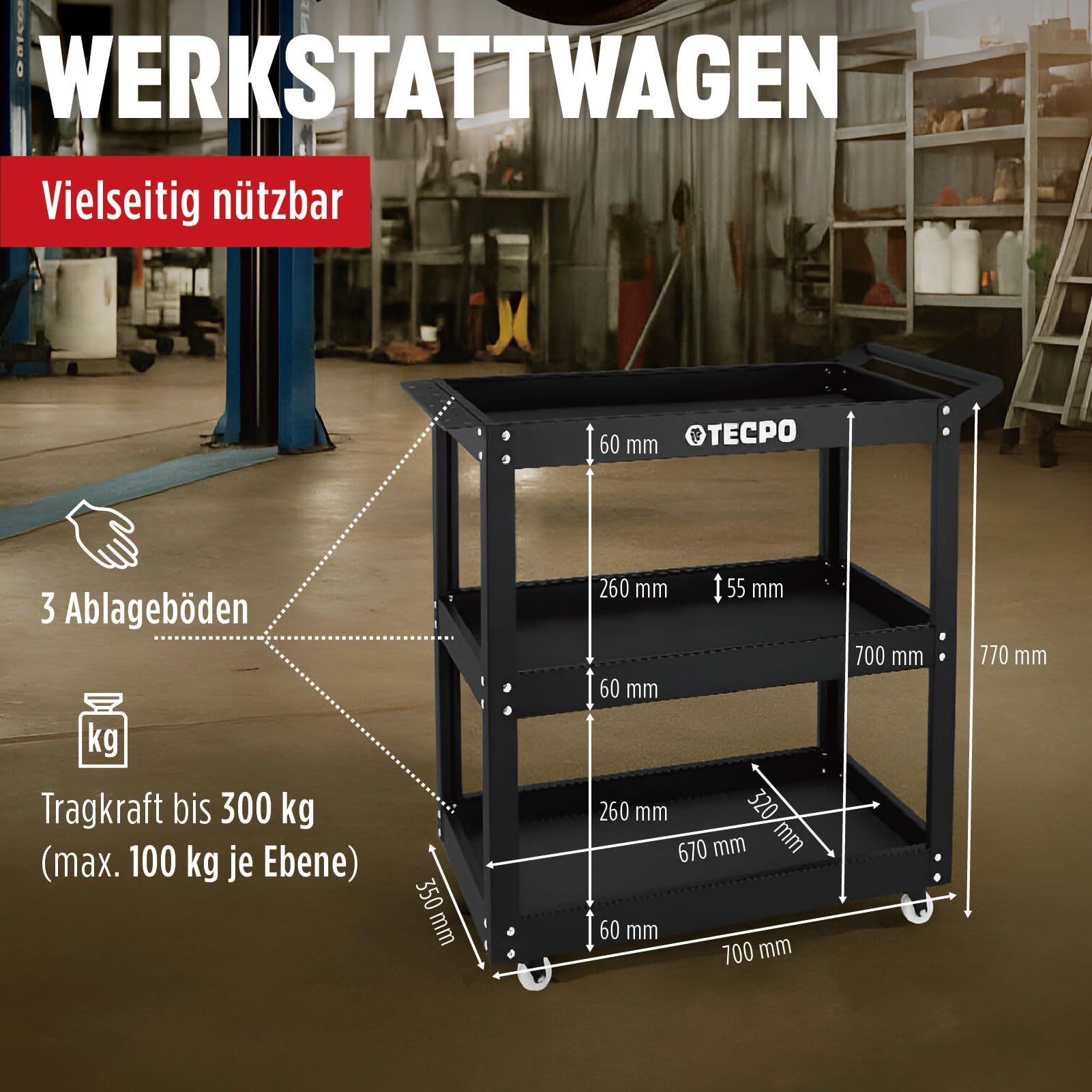 TECPO Carrello portautensili, 300 kg, carrello da officina, carrello di montaggio