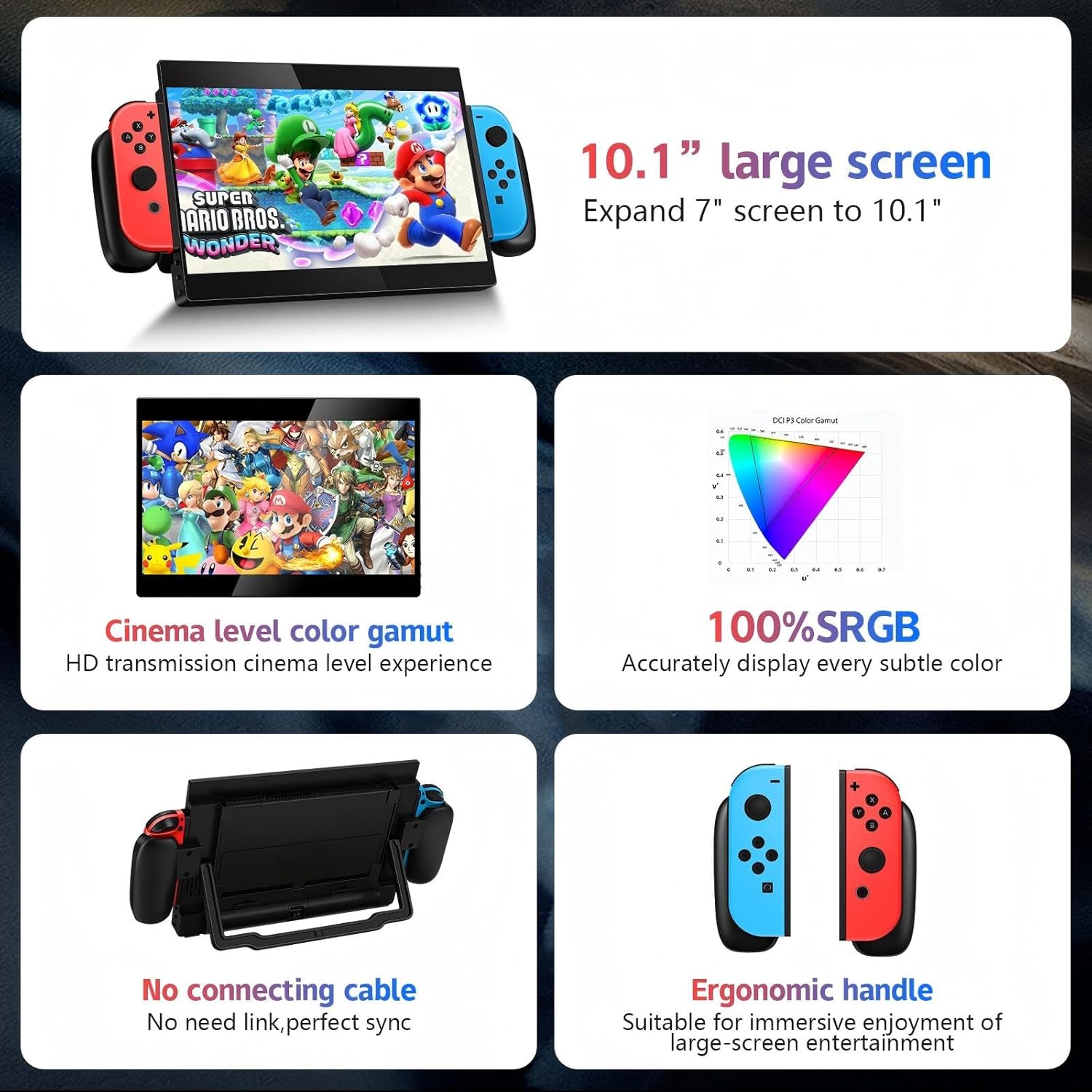 Fully Integrated Portable Monitor for Switch, Removable 18650 Battery(not Included),1080P 10.1 inch Extender Screen with USB Type-C, Compatible for PC Laptop Smartphone