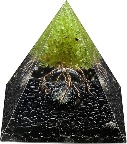 mookaitedecor Árbol de la vida de peridoto pirámide de orgón con piedras de obsidiana y bola de cristal de cristal, generador de energía de
