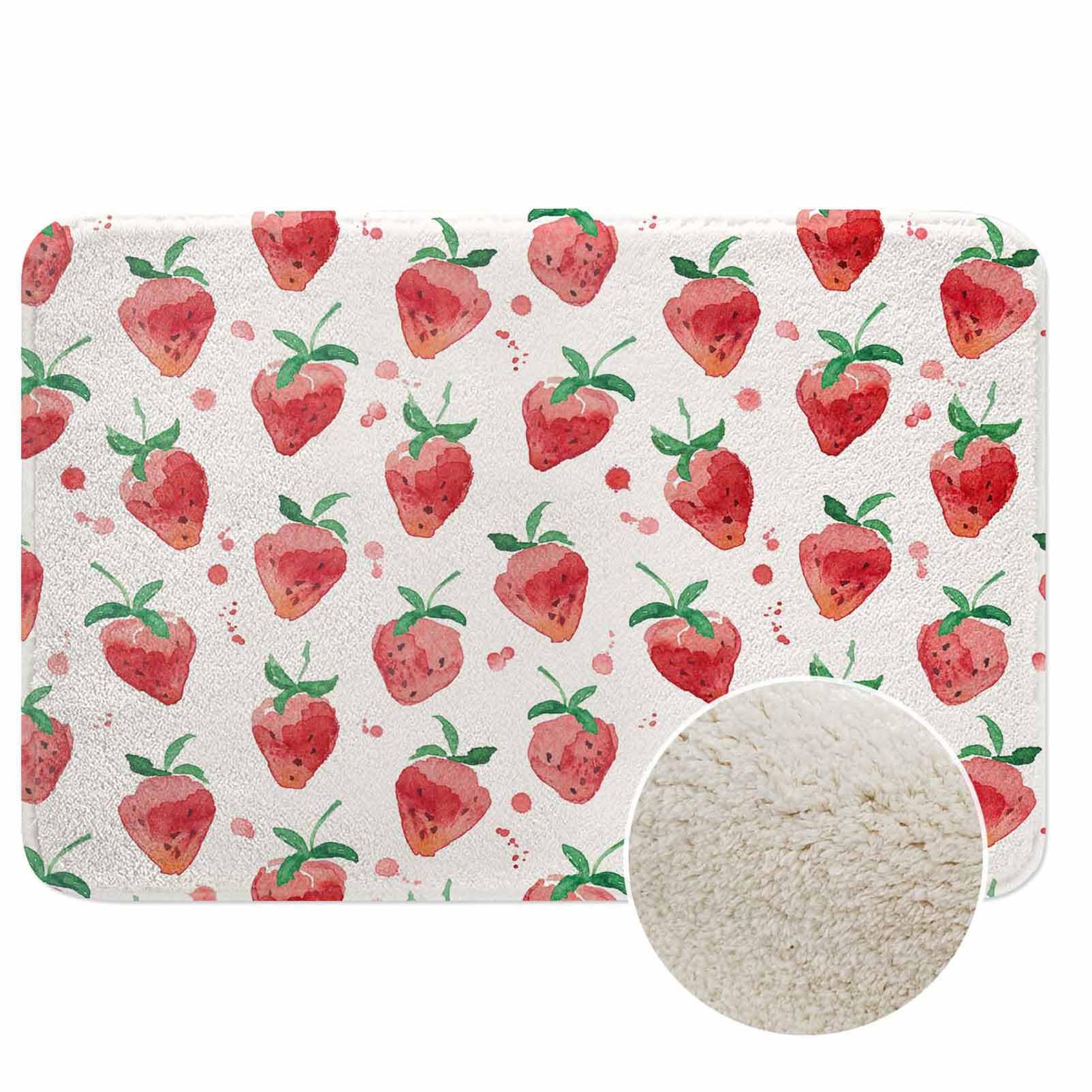 Lungtao Red Strawberry Bath Rugs for Bathroom Summer Fruits Strawberry Leaves Durable Flannel Bath Rug Clearance Mats for Forlaundry Room and Kitchen
