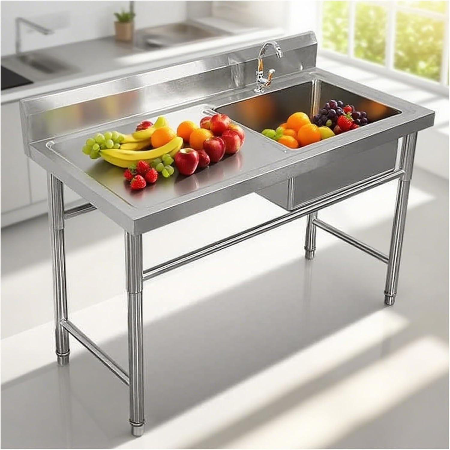 Double-Layer Stainless Steel Workbench with Backrest Kitchen Work Table Design Adjustable Feet Folded Edge Construction Deepened Sink Brushed Finish for Enhanced Load-Bearing Capacitility