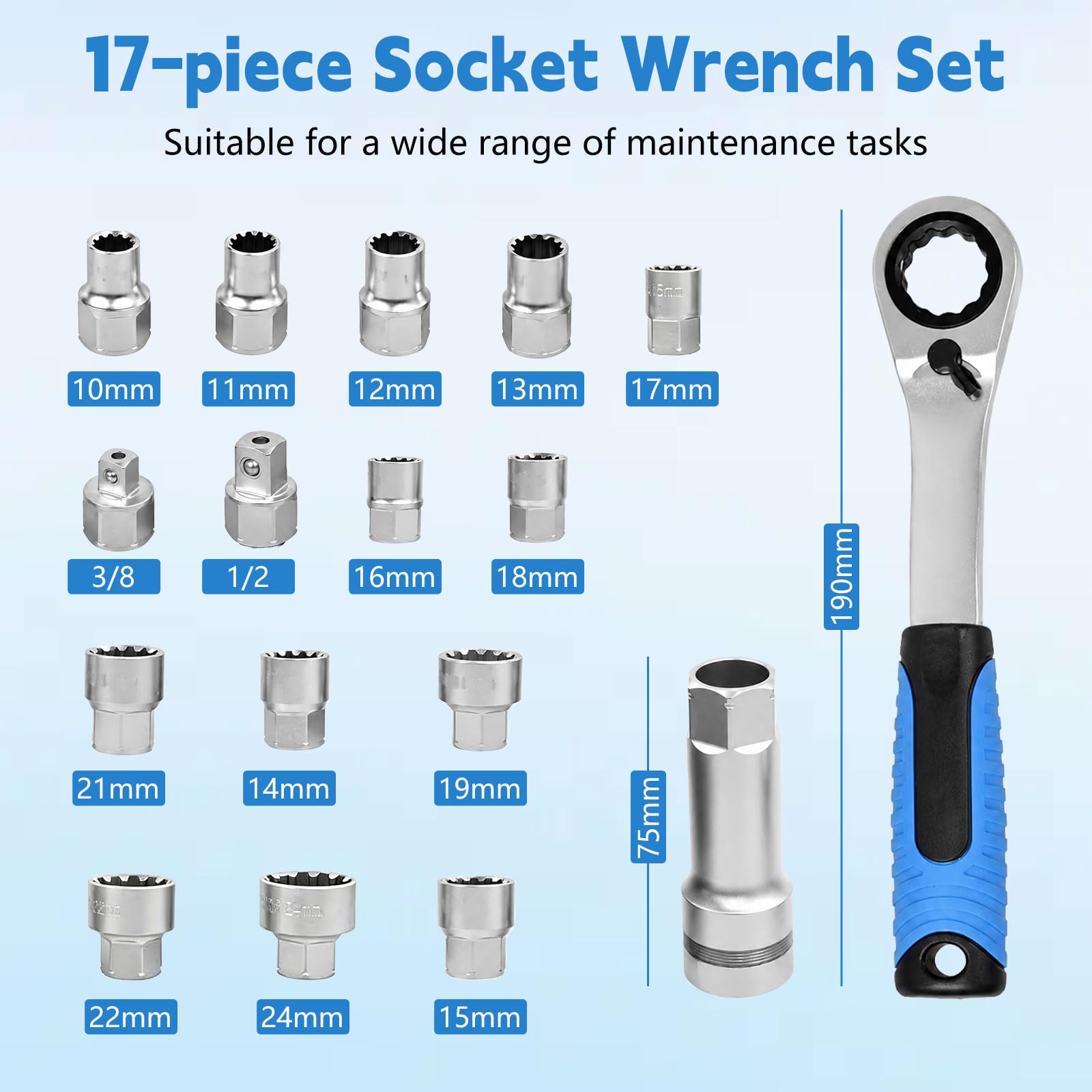 Jeu de 17 clés à douille à cliquet en acier CrV | Cliquet réversible 19 mm, douilles 10-24 mm, rallonge et adaptateur 1/2" et 3/8", pour tiges filetées profondes et écrous