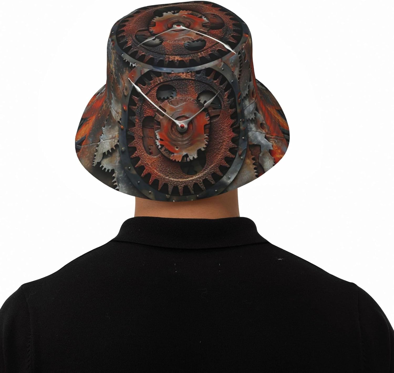 Clock Gear Print Sun Hat Outdoor Fisherman Cap Summer Bucket Hat Beach for Men Women Black