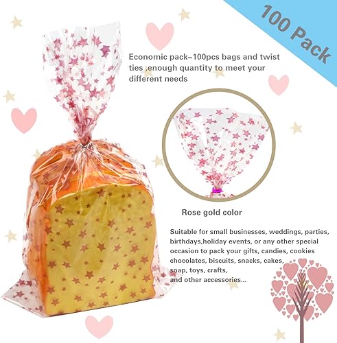 Miniatura 47 de COQOFA 100 bolsas de regalo de estrella rosa de 7 x 12 pulgadas, bolsas de regalo de celofán, bolsas de regalo de fiesta, bolsas de plástico Rosado